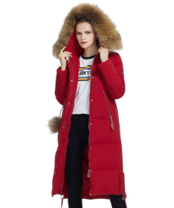 Manteau rouge hiver fourrure femme