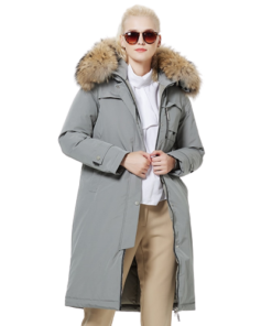 Manteau parka gris fourrure femme